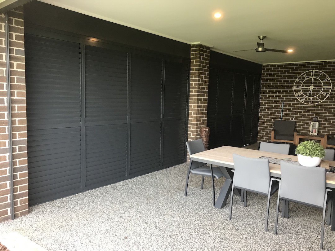 Black Aluminium Plantation Shutter for Outdoor Entertaining Area